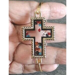 Christ's Story Rhinestone Filled Cross Gold Tone Bangle Bracelet